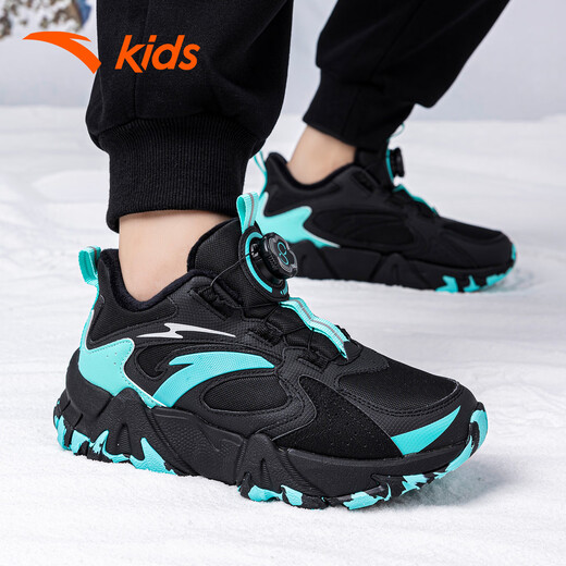 ANTA (ANTA) children's shoes, boys' shoes, sports shoes, warm plus velvet cotton shoes, autumn non-slip outdoor leisure sports snow boots for middle and large children, black/fluorescent aqua-4 35