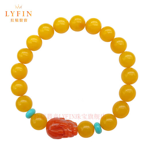 La Yun Feiyin Beeswax Single Circle Bracelet Chicken Fat Yellow Baoshan Southern Red Agate Lucky Pixiu Bracelet Fashionable Men and Women's Bracelet Pixiu Style (approximately 8mm) (One item, one certificate)