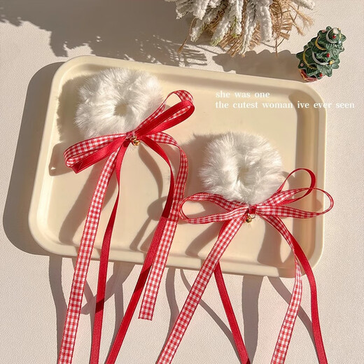 Shui Yunmiao autumn and winter Christmas bell plush bow hair tie new high-end headband rubber band New Year hairpin hair accessories bell plush bow hair tie plus velvet style one pair
