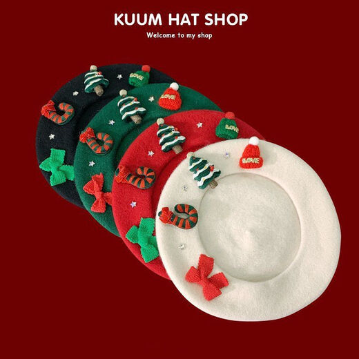 Aoyou Christmas beret Japanese sweet red wool woolen hat for women to keep warm in winter and versatile for student couples painter off-white M (56-58cm)