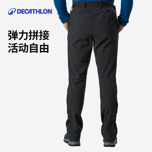 DECATHLON outdoor fleece pants for men, plus velvet, thickening, breathable, warm, water repellent, loose trousers, windproof trousers, soft shell pants, black gray M/L / W33 L31 42