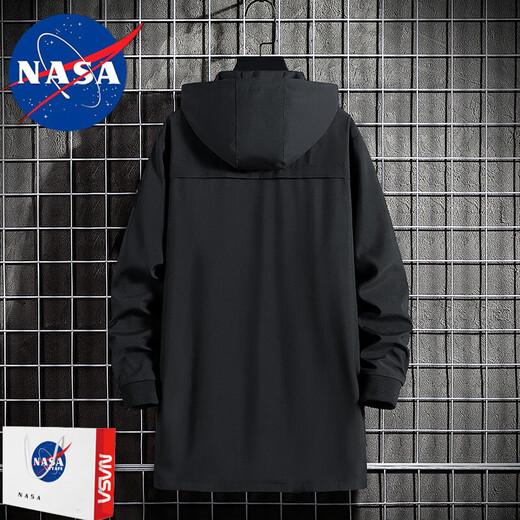 NASA RHUDE windbreaker men's mid-length spring and autumn coat men's youth loose coat autumn printed velvet hooded autumn and winter windbreaker black 5XL (200-220Jin Jin equals 0.5 kg)