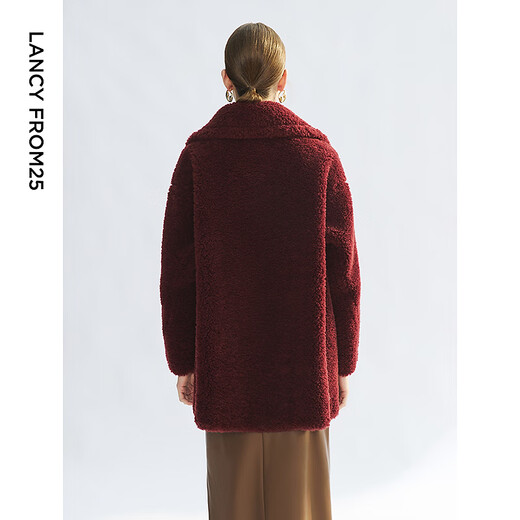 朗姿骐骥红纯羊毛复古高级感翻领毛茸茸上衣外套冬新款仿皮草 波斯红色 S