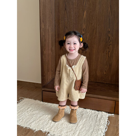 Girls overalls set baby autumn style corduroy jumpsuit versatile long-sleeved T-shirt two-piece set khaki overalls 80 cm