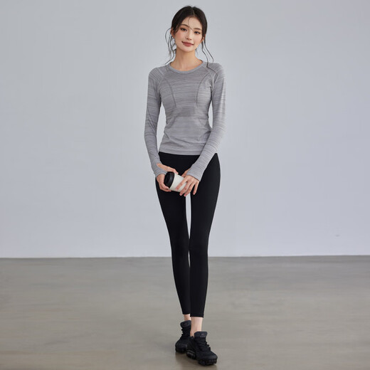 Youyou round neck quick-drying yoga clothes for women slim and elastic sports long-sleeved Pilates running training fitness clothes Falling cherry powder seamless one-piece weaving S recommended 80-95 Jin Jin equals 0.5 kg
