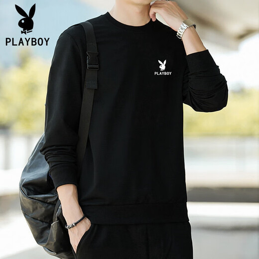Playboy (PLAYBOY) sweatshirt for men 2025 spring and autumn new pure cotton plus velvet bottoming shirt round neck top long-sleeved sweatshirt for men black spring and autumn 4XL recommended 170-190Jin Jin equals 0.5 kg