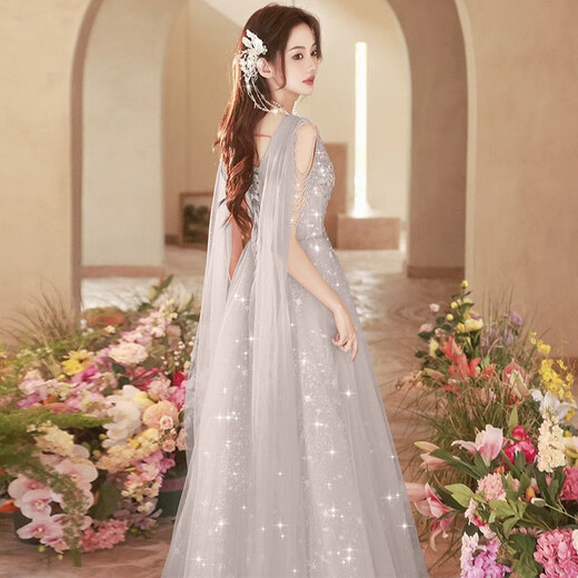 Chuangjing Yixuan New Year's Eve Host Dress Sequin Host Evening Dress Female Feeling Dignified and Grand Banquet Vocal Art Test Chorus Gray XS