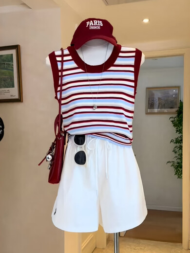 Plus Size Women's Red Striped Sleeveless Knitted Vest Summer Fat Millimeters Slim Appearance Wear Inside Out and Wear Beautiful Red Striped Tops Huge Good-Looking Sleeveless Tops M 80-100Jin Jin is equal to 0.5kg