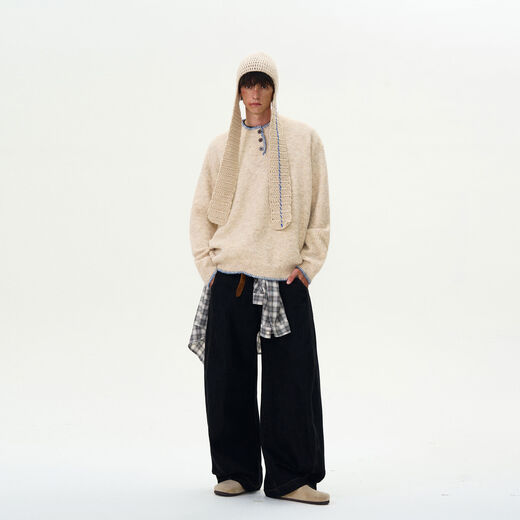 Jingyan selects new retro atmosphere knitwear for men and women, American niche design Henry collar lazy sweater, apricot M M