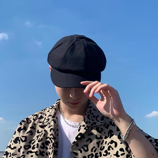 ZNMW men's beret retro octagonal hat men's trendy British black Japanese style literary pumpkin painter hat boys thin shell black one size fits for 55-58 head circumference