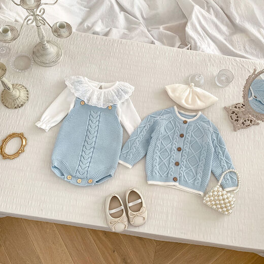Wujiang Miaopin Baby Onesie, Cute and Super Cute overalls, bag and fart suit for baby girl, knitted cable-knitted sweater, blue cable-knitted jacket, 66cm 66cm* about 1-4 months, 10-14Jin Jin is equal to 0.5kg