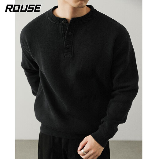 Lords Sweater Men's American Henley Collar Cotton Knitted Sweater Men's Autumn and Winter Retro Round Neck Casual Warm Bottoming Shirt Men Black M Recommended 100-115Jin Jin equals 0.5 kg