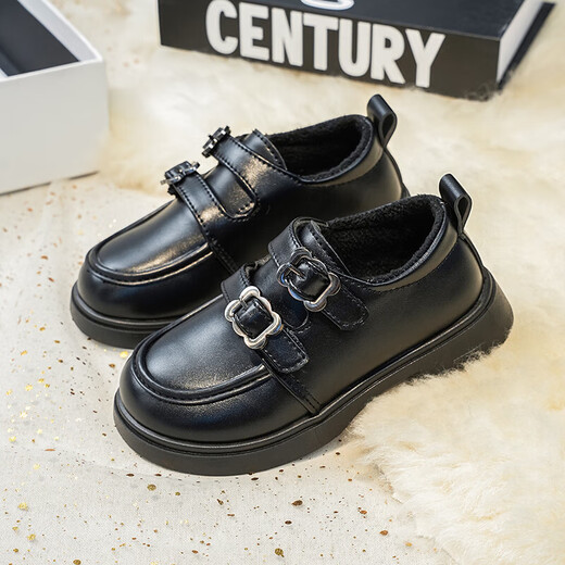 Girls' Velvet Leather Shoes 2025 Winter New Children's Princess Shoes College Style Small Single Shoes Soft Sole Black Loafers Black Velvet Size 33 Inner Length Approximately 20.2CM
