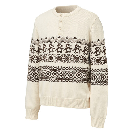 Nanzihan Christmas Penguin Fair Isle Henley Neck Sweater for Men and Women, Autumn and Winter Lazy High-Quality Knitwear, Apricot M