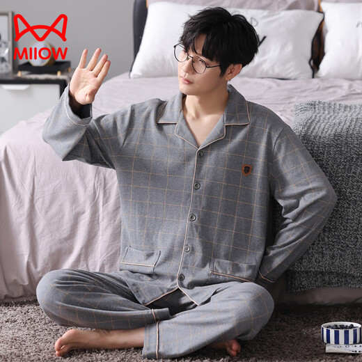 猫人纯棉睡衣男士春秋季长袖长裤大码休闲宽松家居服套装全棉可外穿 3891格子 L 【建议110-130斤】