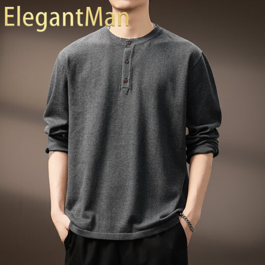 ElegantMan high-end American retro Henry long-sleeved sweater men's autumn new loose casual retro bottoming shirt dark gray S