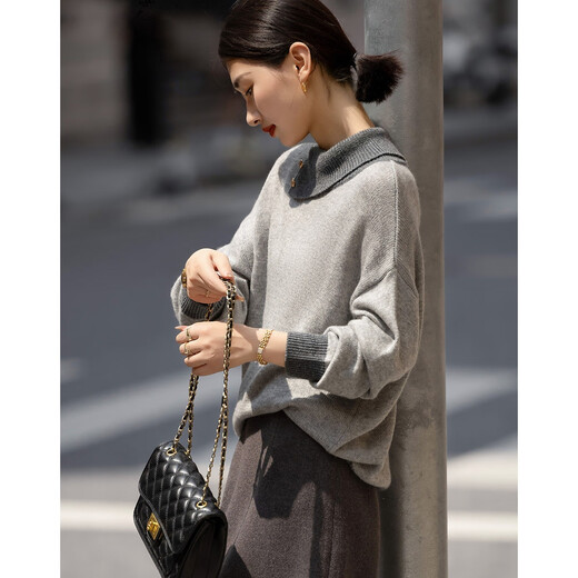 Demana Fashe Impression Winter Irregular Contrast Color Lapel Sweater Metal Button Sheep Wool Sweater Women's Top