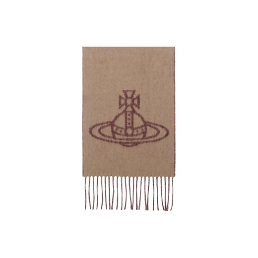 Vivienne Westwood Saturn pattern printed tassel velvet scarf, same style for men and women, New Year gift for couples, 8053195325931 camel color
