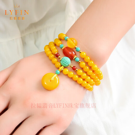 La Yun Feiyin Beeswax Bracelet for Women 108 Rosary Beads Multi-circle Bracelet Chicken Oil Yellow Safety Buckle Temperament Fashion Hand Accessories 6mm Flawless Chicken Oil Yellow (with Certificate)