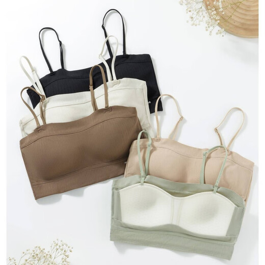 Clolv kiss CK girl's thin strap beautiful back fixed cup tube top anti-exposure bra pad push-up bra integrated shoulder strap camisole Khaki L (80-110)