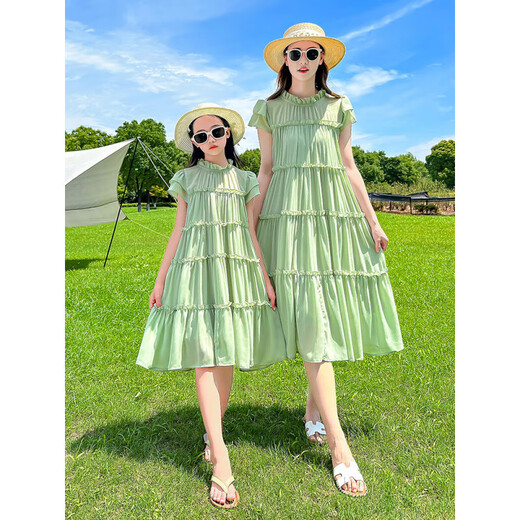 Shijanu parent-child clothing, mother-daughter summer bomb street parent-child clothing, new summer mother-daughter clothing, thin chiffon dress, stylish Korean version, green 110 cm weight 27-33Jin Jin equals 0.5 kg