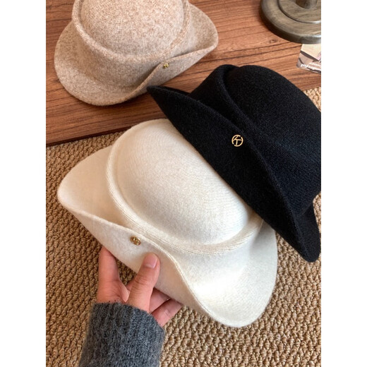 Ershanji French Hepburn daughter style retro knitted curled top hat fisherman hat women's autumn and winter mountaineering hat basin hat Hepburn style daughter hat black