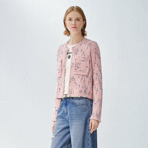 Enpaiya 2025 cashmere tweed yarn small fragrance sweater cardigan short coat for women pink S
