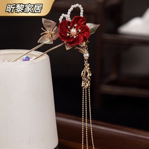 Chinese style Hanfu bride hair accessories Hanfu hair accessories retro aesthetic red rouge camellia ancient style tassel hairpin hairpin red camellia hairpin