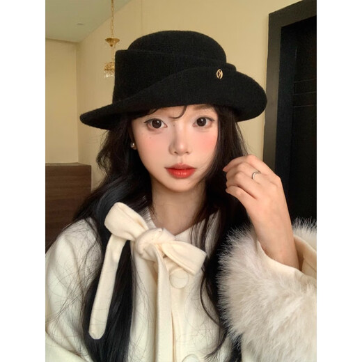 Ershanji French Hepburn daughter style retro knitted curled top hat fisherman hat women's autumn and winter mountaineering hat basin hat Hepburn style daughter hat black