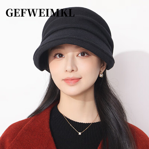 GEFWEIMKL Merino wool octagonal hat for women in autumn and winter solid color peaked hat, fashionable and versatile, warm and velvet pleated woolen hat, black, one size fits all 56-60cm
