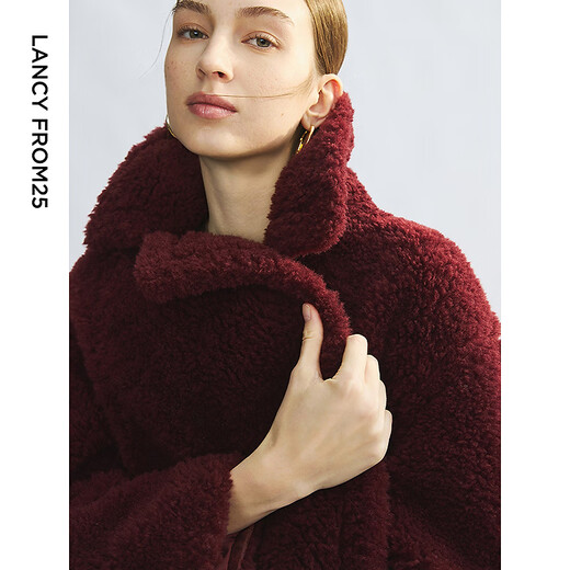 朗姿骐骥红纯羊毛复古高级感翻领毛茸茸上衣外套冬新款仿皮草 波斯红色 S
