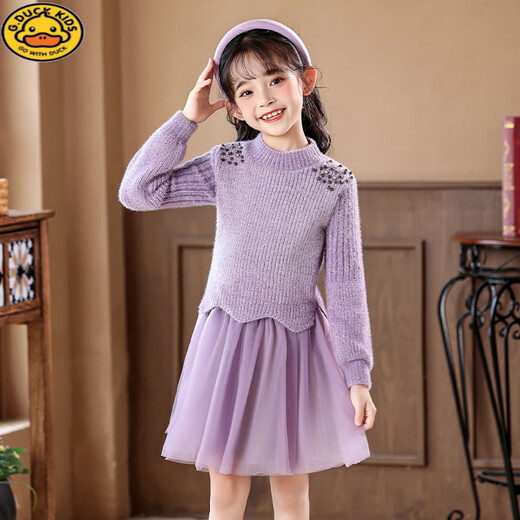 G.duck Girls Sweater Dress 2025 Autumn and Winter New Children's Princess Skirt Velvet Thickened Little Girls Knitted Dress Violet 120 cm Recommended 110-120cm Age 5-6 years old