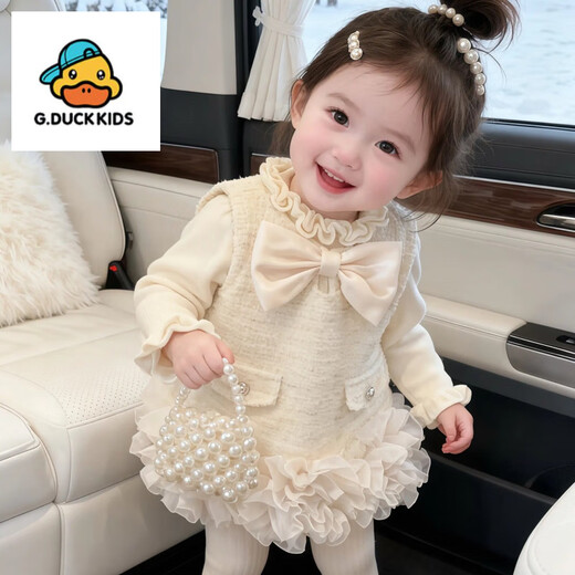 G.duck little yellow duck girl's small fragrant style vest dress winter wear 2025 new one-year-old dress skirt baby girl princess skirt plus velvet small fragrant style plus velvet vest dress 90 cm