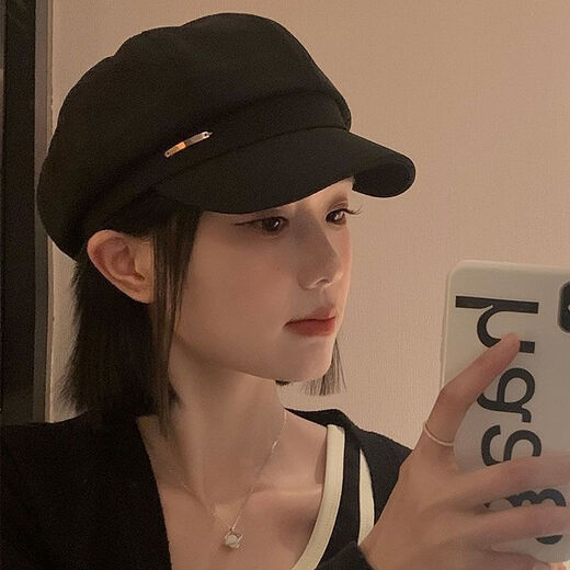 Ji Mi hat with wig, short hair, natural simulation, big head, full real hair, short straight hair, beret headgear, octagonal hat, brown hat, one size fits all, natural black, small flip-up (send hair network)