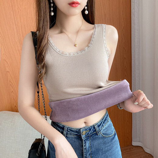 Thermal Vest Women's Velvet Thickened One-piece Velvet Lace Round Neck Autumn and Winter Warm Top Women's Slim Bottoming Shirt White One Size