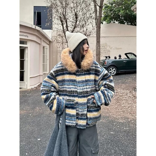 American style large fur collar contrasting color lamb wool coat for men and women winter style thickened warm hooded cotton coat blue XL