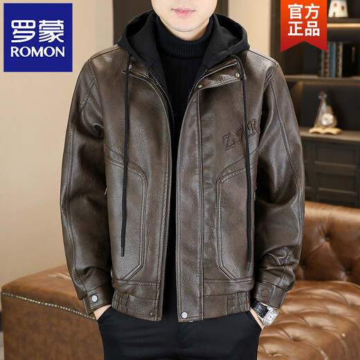 ROMON Autumn and Winter Hooded Leather Jacket Men's Handsome Plush Velvet Thickened Fashion Jacket Warm and Trendy Winter Leather Top Brown Color 8557 Spring and Autumn Style 4XL