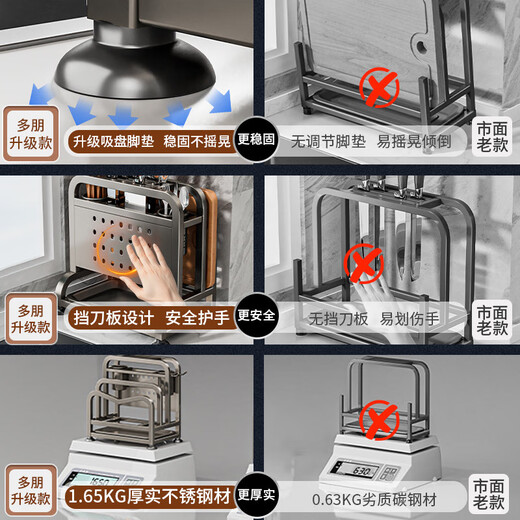 Fantasy stainless steel kitchen knife rack wall-mounted multi-functional cutting board, knife and chopstick cage integrated storage rack. Main image gun gray. Width and height. Knife guard+double chopping board/pot lid rack+