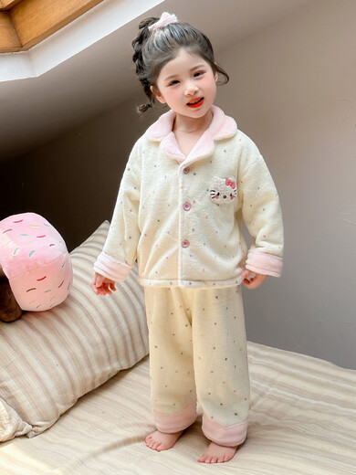 BALA suitable for girls autumn and winter pajamas set 2025 new baby girl children's winter plus velvet thickened home color dots 90cm