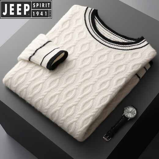 JEEP SPIRIT Jeep cardigan men's thick wool warm winter new sweater sweater fashion round neck pullover casual contrast color navy S