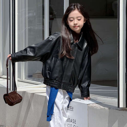 BALA is suitable for 2025 autumn new children's PU leather jacket girls boys, middle and large children motorcycle retro short black 110cm height about 110cm