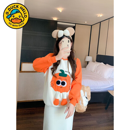 G.duck cartoon parent-child outfit for a family of three, spring and autumn 2025 new three-dimensional pumpkin baby crawling suit, mother and daughter, stylish sweatshirt, off-white with orange, Spring and Autumn 90 baby 20Jin Jin is equal to 0.5kg -25Jin Jin is equal to 0.5kg