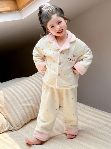 BALA suitable for girls autumn and winter pajamas set 2025 new baby girl children's winter plus velvet thickened home color dots 90cm