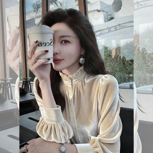 Qiao Bo Lai rice white velvet top new style winter feeling light luxury temperament socialite unique and beautiful French petty bourgeoisie shirt off-white Korean chic chic/niche non-colliding style M recommended 95-105 Jin Jin equals 0.5 kg