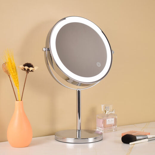Large LED makeup mirror that can be raised and lowered, telescopic double-sided illuminated mirror, desktop magnifying mirror, adjustable height, 8 inches, silver, straight pole, 3x magnification