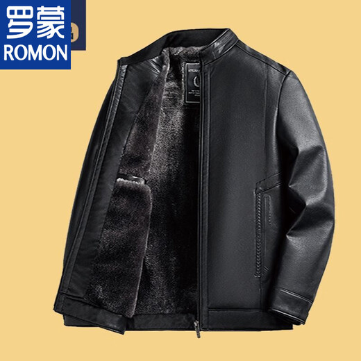 ROMON high-end soft leather middle-aged leather jacket plus velvet thickened men's casual loose large size leather jacket middle-aged and elderly dad's outfit really upgraded black plus velvet standing leather jacket thickened 3XL 190 reference weight 160-180Jin Jin is equal to 0.5 kg