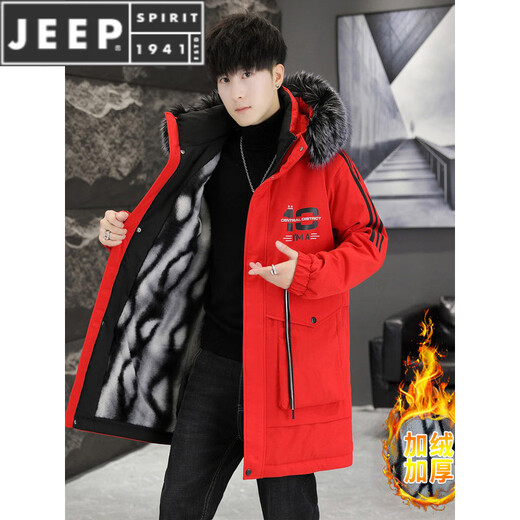 JEEP SPIRIT mid-length cotton coat 2025 new winter trend warm windbreaker plus velvet thickened parka jacket long coat 2383 red (with fur collar) Wang M