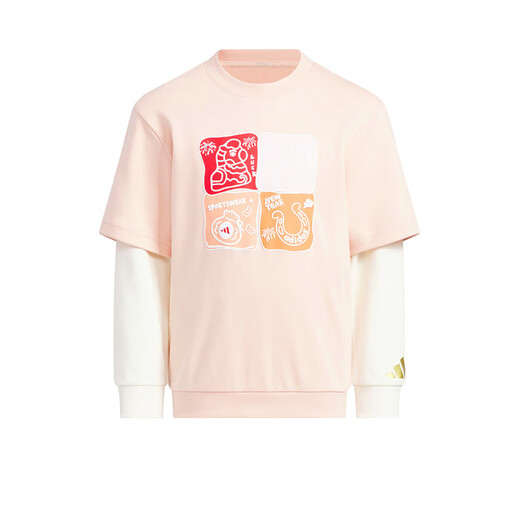 Adidas children's clothing girls round neck sweatshirt 26 New Year's model medium and large children's cartoon print fake two-piece sweatshirt KV6981 KV6981 light pink/white 164