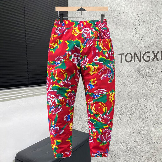 Playboy Northeast large flower cotton-padded jacket men and women same style suit national fashion winter cotton pants cotton coat thickened warm jacket internet celebrity cotton clothing red - hooded short style high quality large flower cotton-padded jacket + cotton pants XL 105-125Jin Jin is equal to 0.5 kg