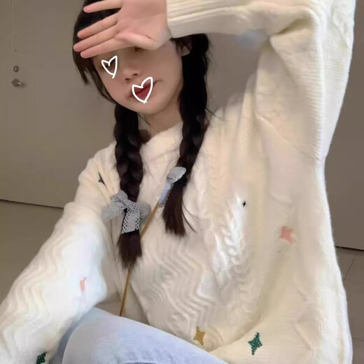 Koranna Japanese retro cute soft waxy twist sweater for women in autumn and winter lazy style loose pullover thickened knitted top off-white one size fits all (80-130Jin Jin is equal to 0.5 kg)